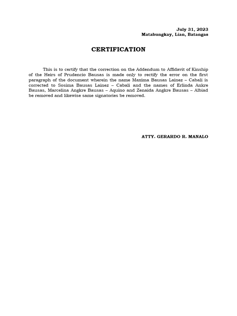 Correction Certification for Heirs Document | PDF