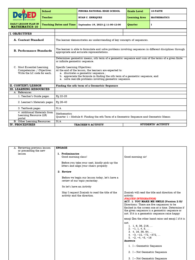 Geometric Sequence Lesson Plan for Grade 10 | PDF | Geometry | Learning
