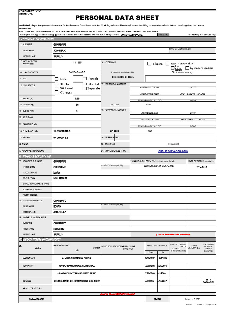 CS Form No. 212 Personal Data Sheet Revised PDF Government Social