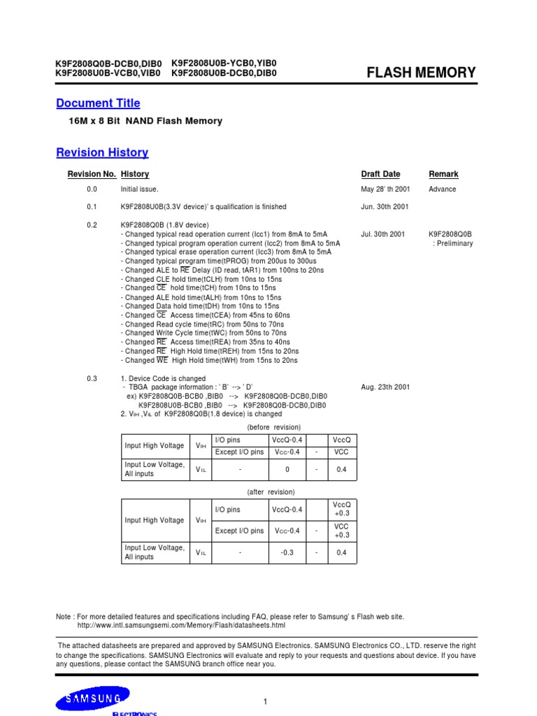 Samsung 16M x 8 Bit NAND Flash Datasheet | PDF | Flash Memory ...