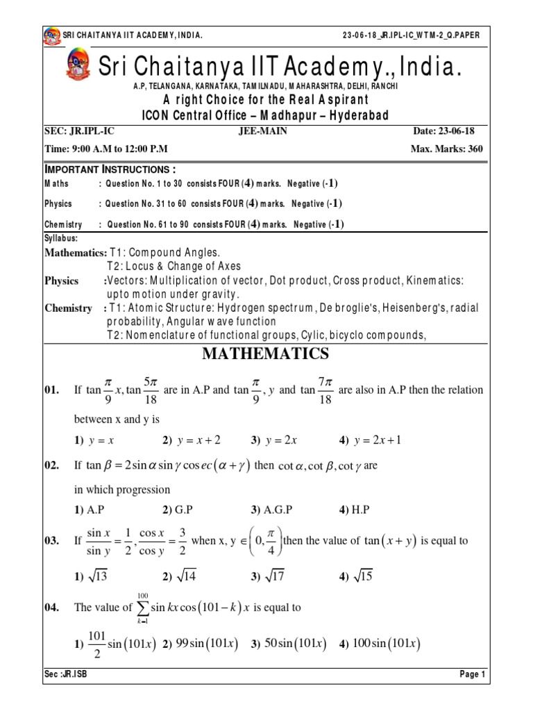 23 06 18 - JR - IPL IC - JEE MAIN - WTM 2 - Q.Paper | PDF ...