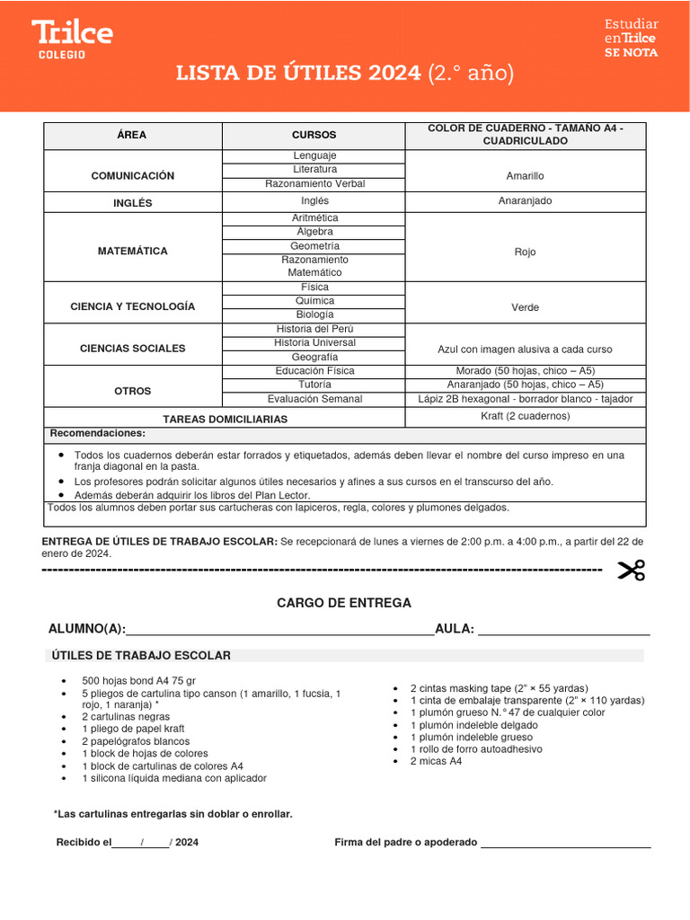 Lista de Útiles 2do Año 2024 | PDF | Diseño gráfico | Tecnicas artisticas