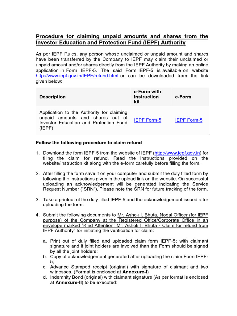 Procedure to claim dividend amount and shares from iepf final