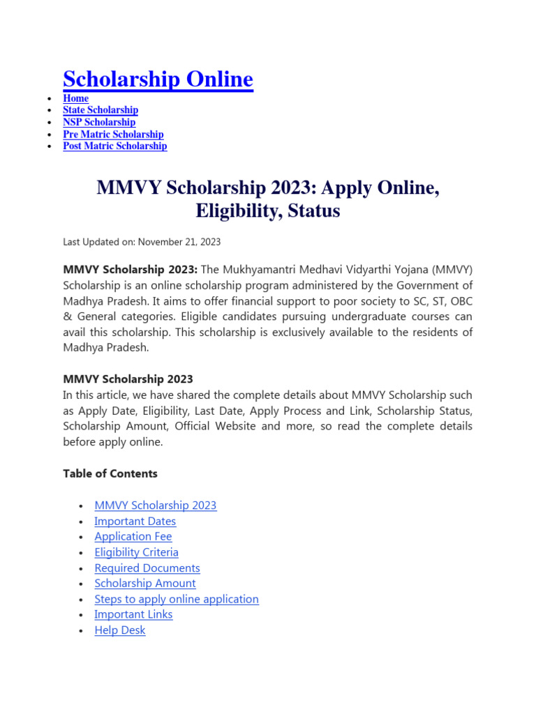 MMVY Scholarship 2023 Overview | PDF | University And College Admission ...
