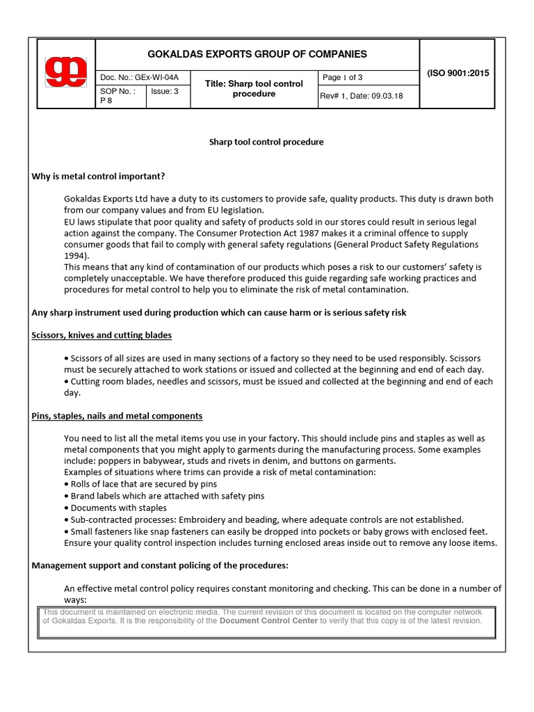 08Sharp Tool Control Procedure Download Free PDF Knife Scissors