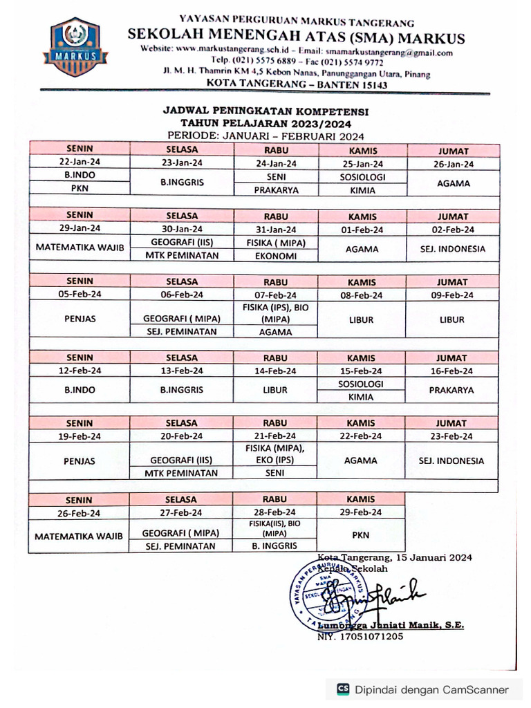 Contoh Jadwal Pelajaran | PDF