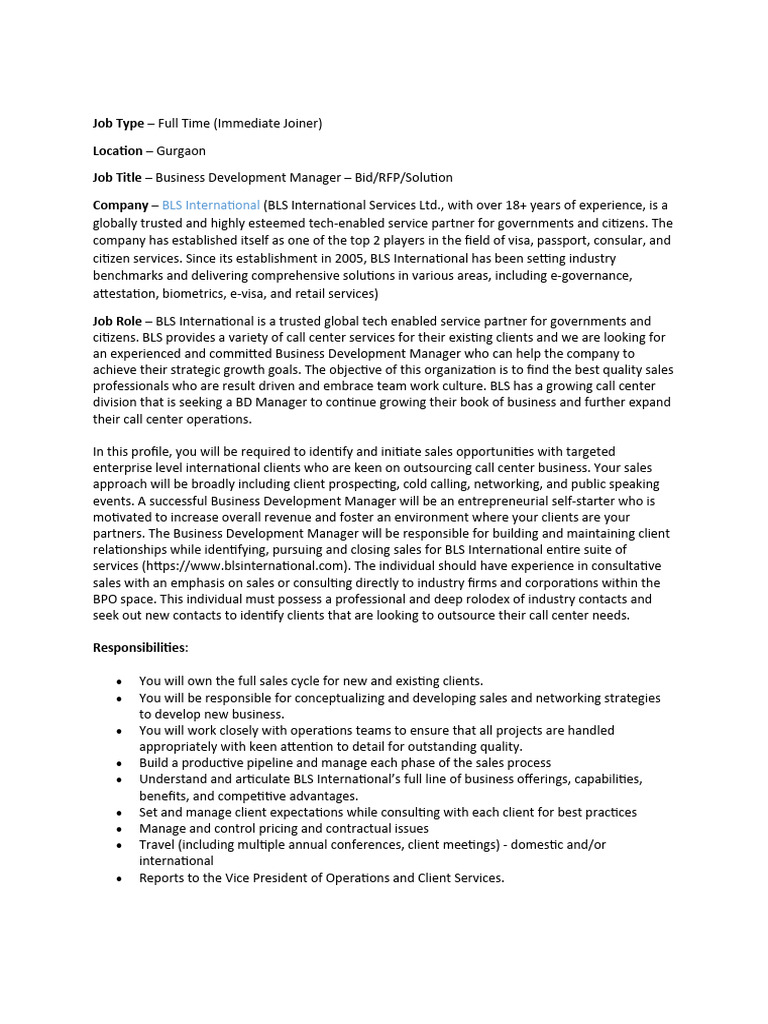 Job Description Business Development Manager PDF Sales Outsourcing