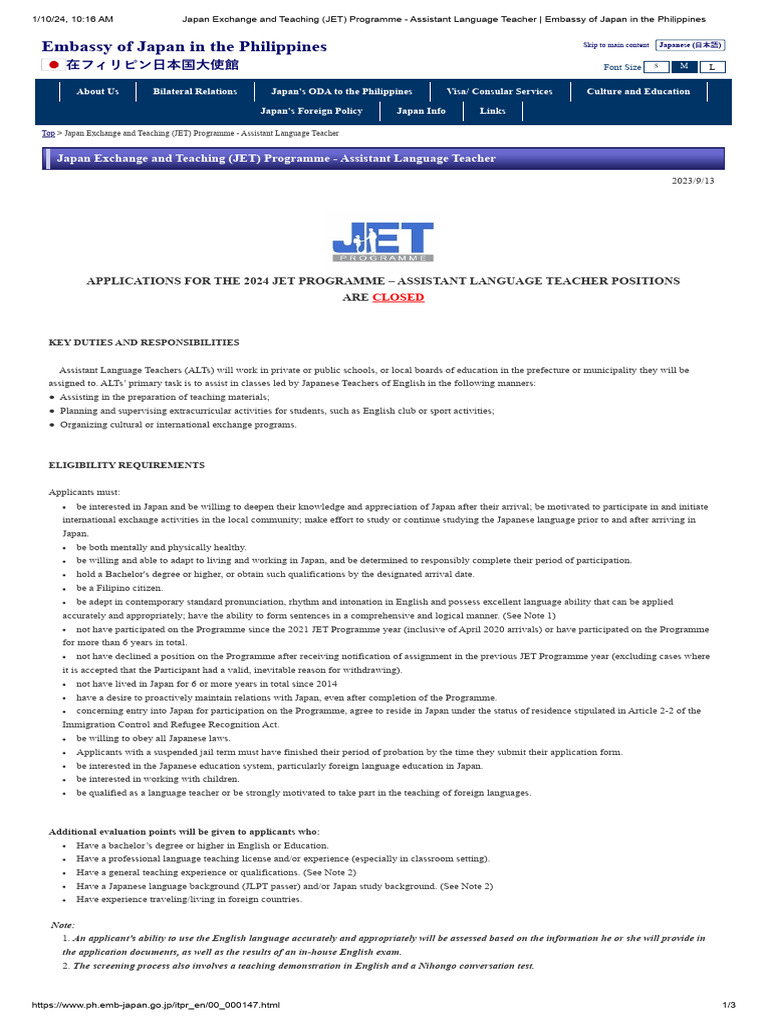 Japan Exchange and Teaching (JET) Programme - Assistant Language ...