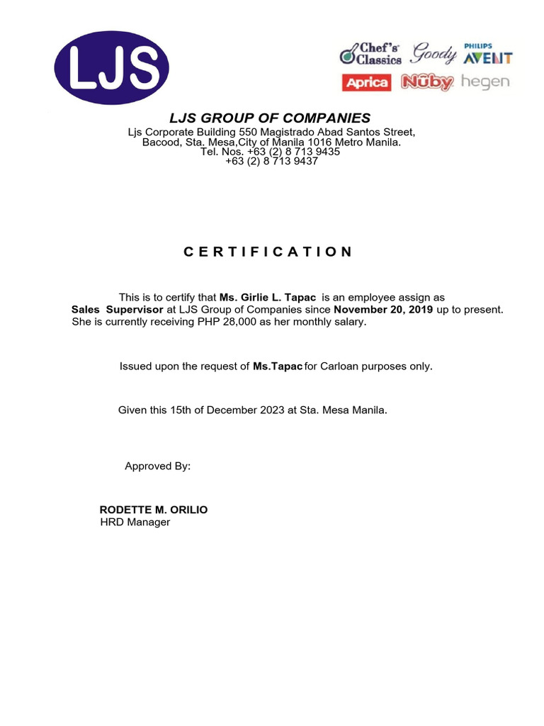 Employee Certification for Ms. Tapac | PDF | Business