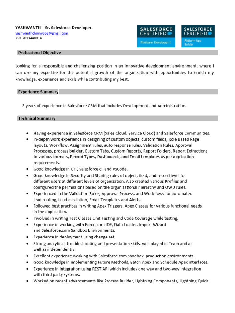 Salesforce Developer Profile Summary | PDF | Customer Relationship ...