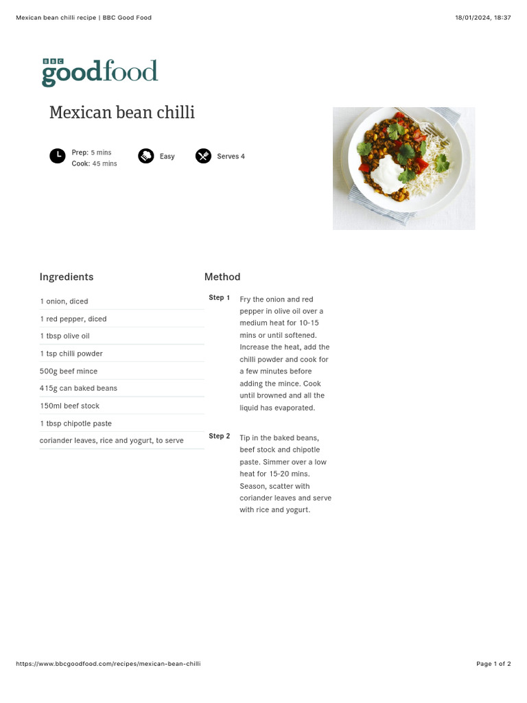 Mexican Bean Chilli Recipe | PDF