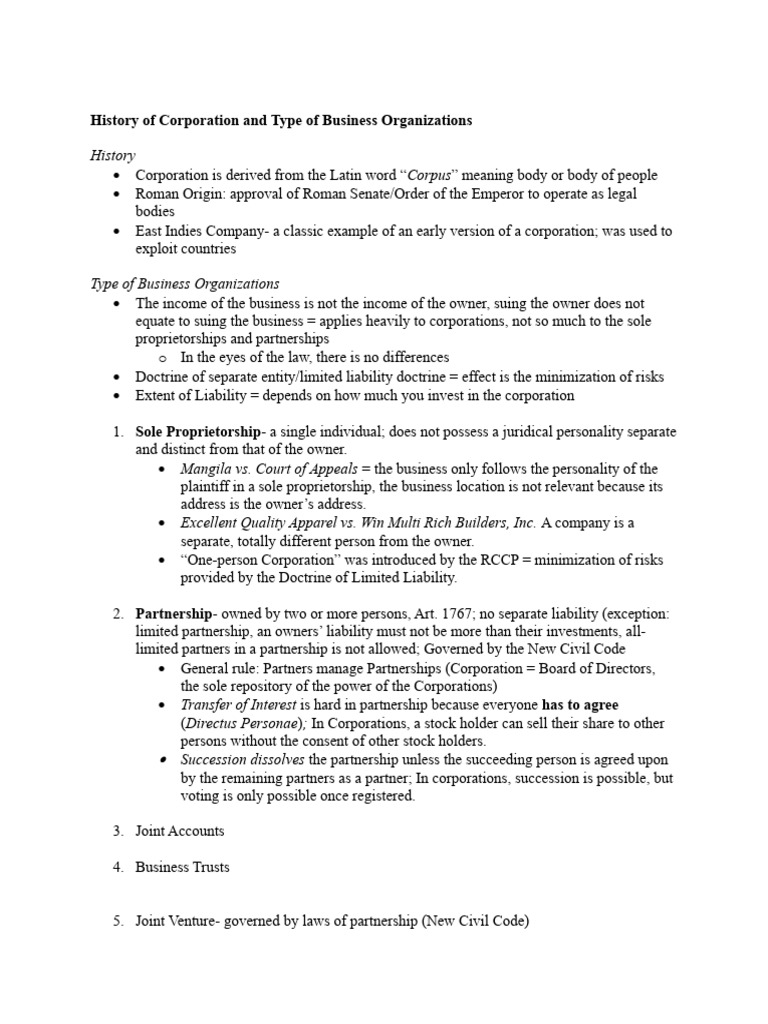 History of Corporation and Type of Business Organizations | PDF