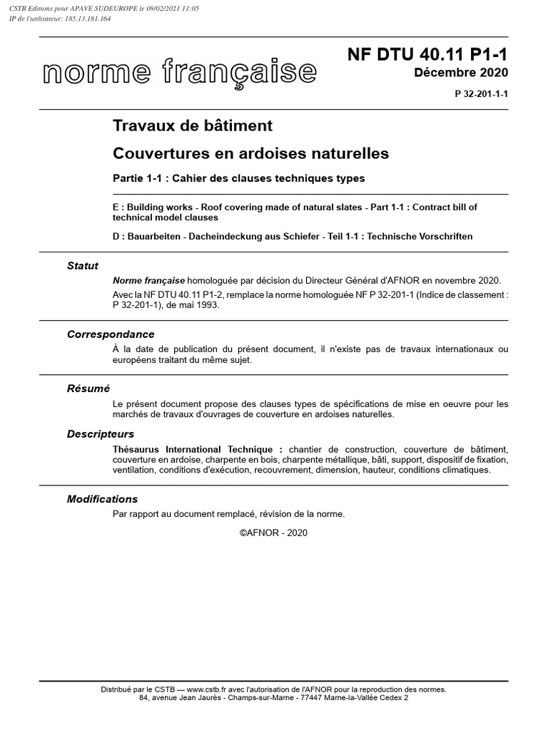 Couverture en Ardoises Naturelles DTU 40.11 | PDF | Code de la ...