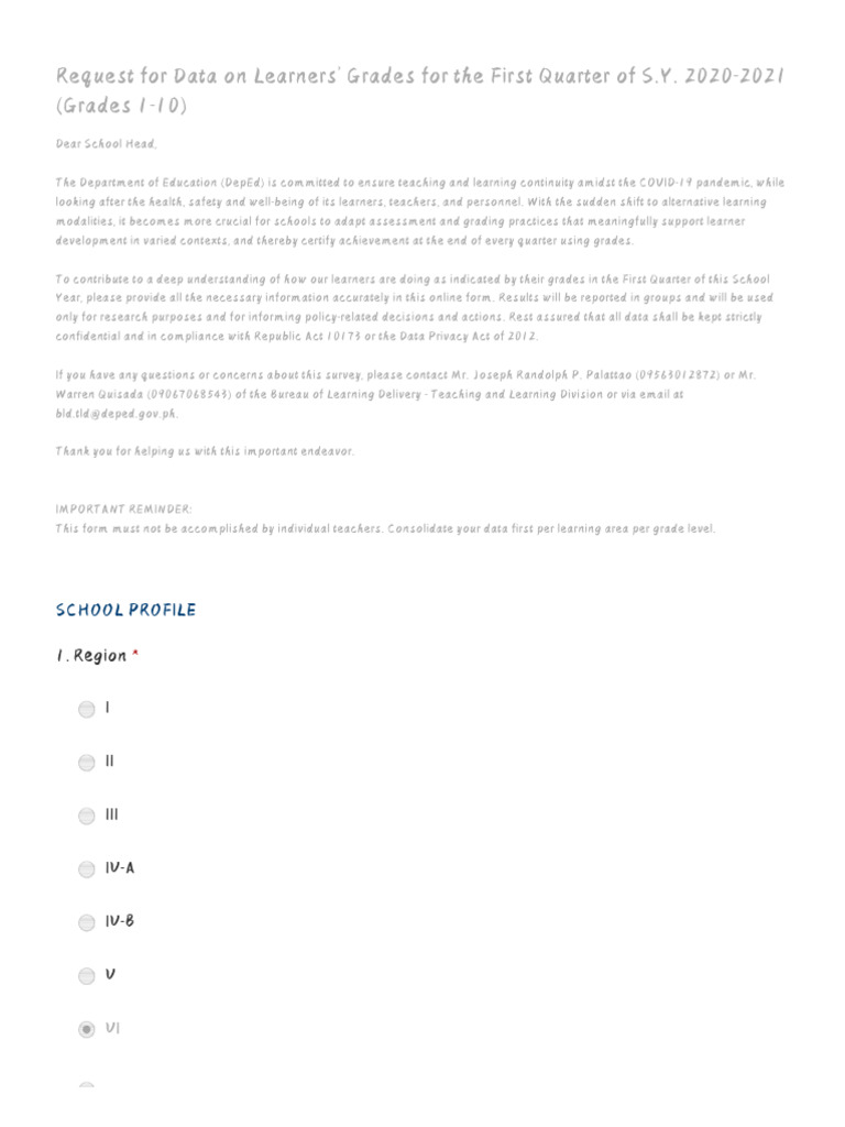 Request for data on learners grades for the first quarter of s y 2020