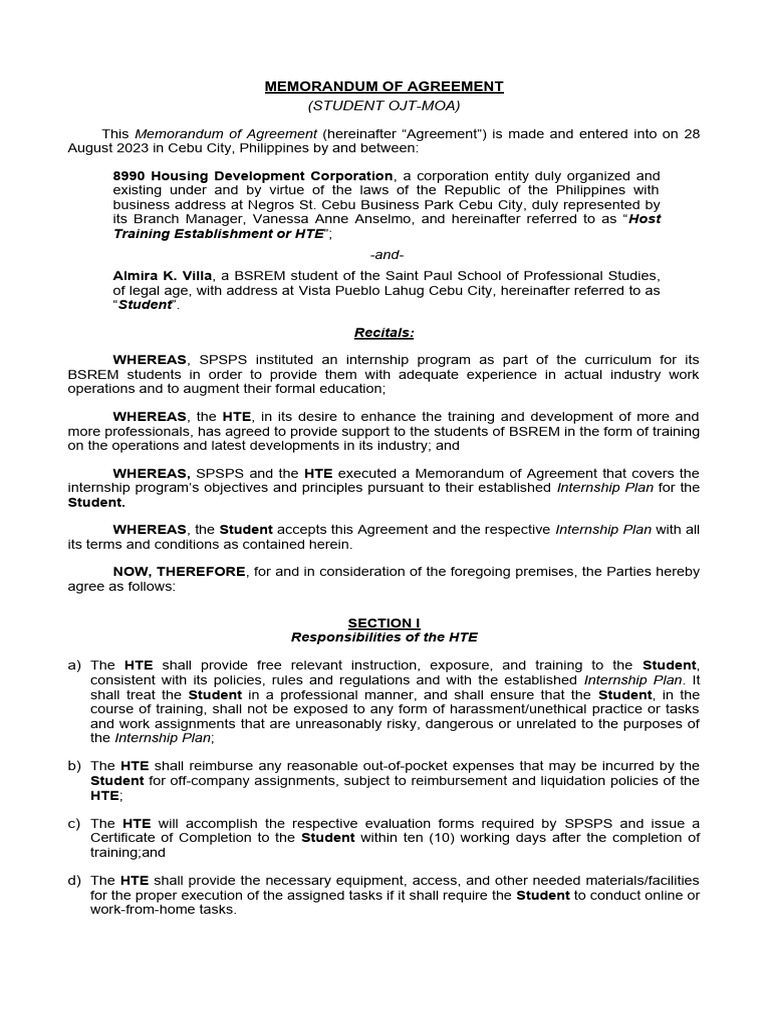 Internship Memorandum Of Agreement Between Student And Company Pdf
