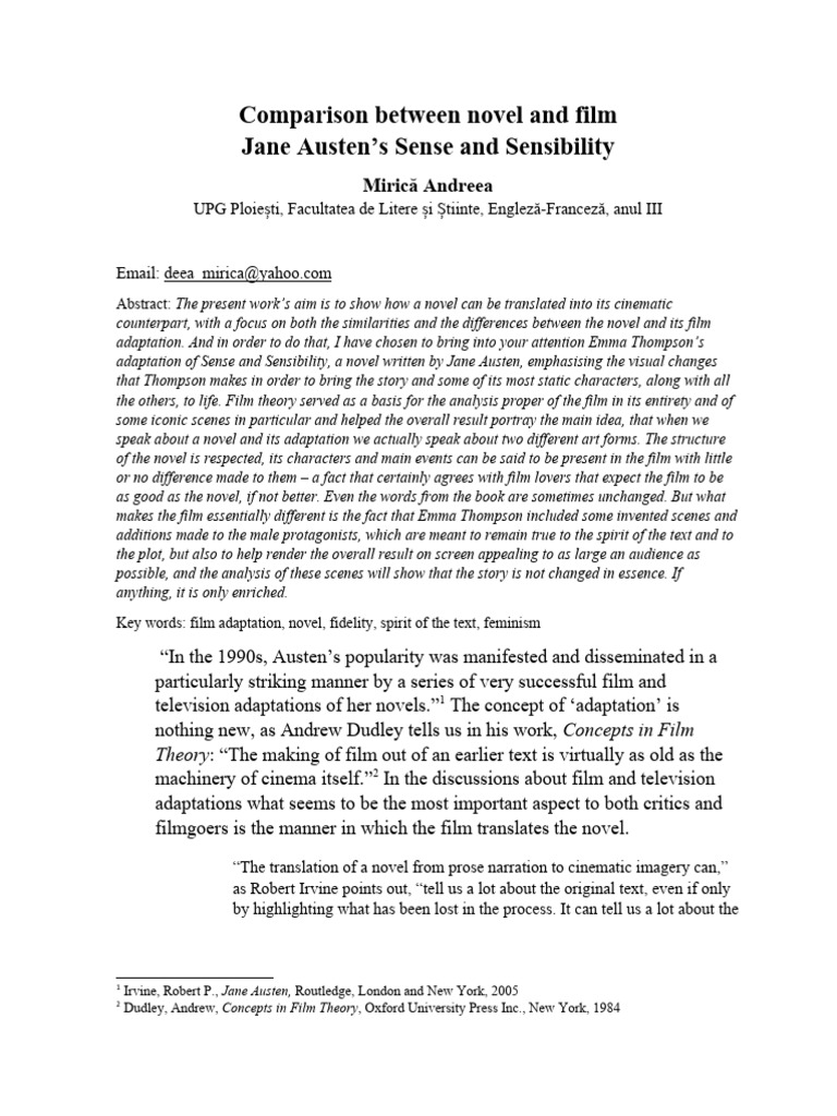 Comparison Between Novel and Film-Jane Austen's Sense and Sensibility ...