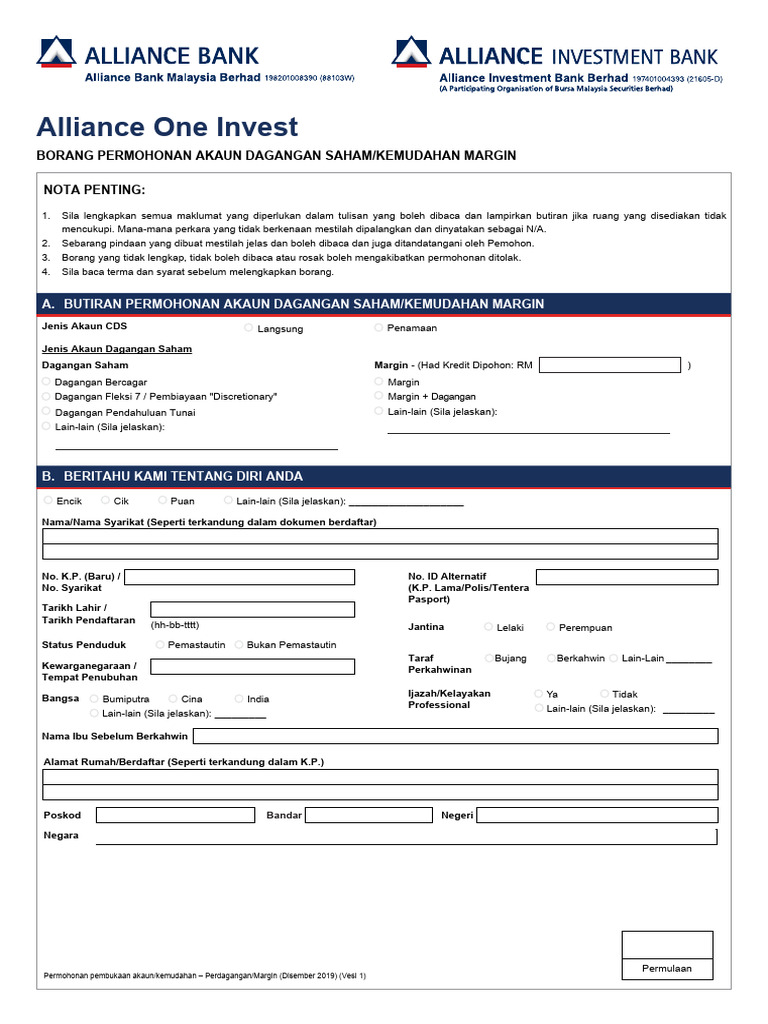 Alliance One Invest Application Form - BM | PDF