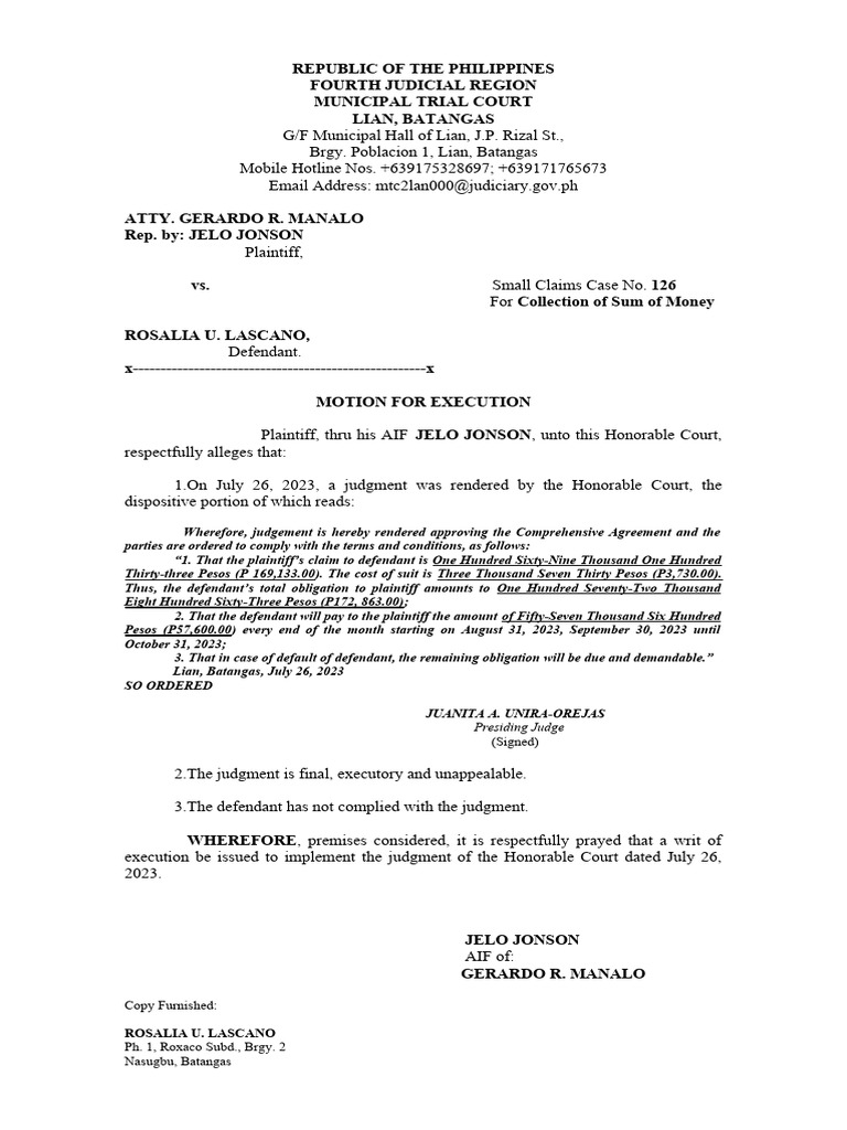 Motion for Execution in Small Claims Case | PDF | Judgment (Law ...