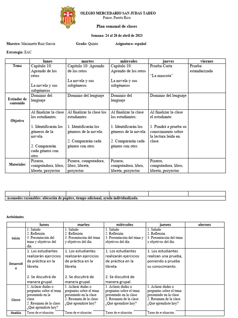 Planificación 24 Al 28 de Abril Quinto Grado | PDF | Evaluación | Cognición