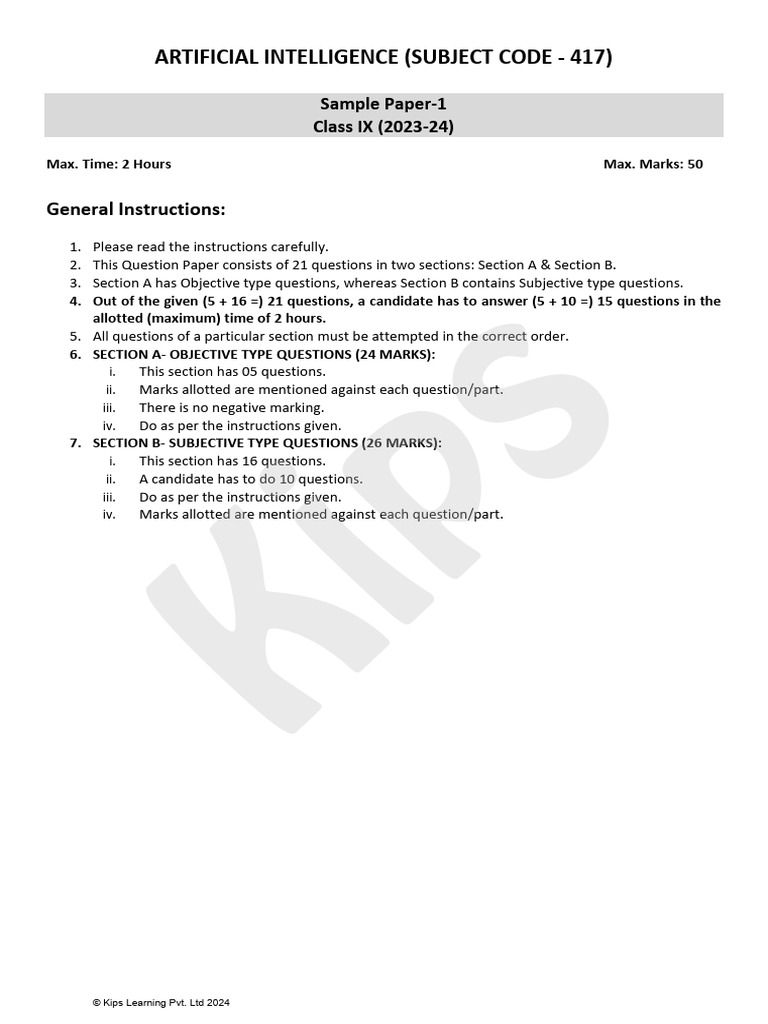 AI Class 9 Sample Paper 1 | PDF