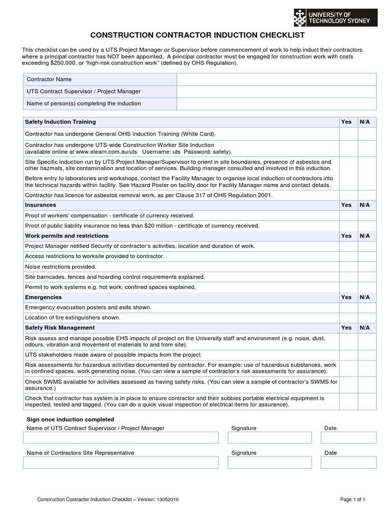 Construction Contractor Induction Checklist Noprincipal 0 Pdf