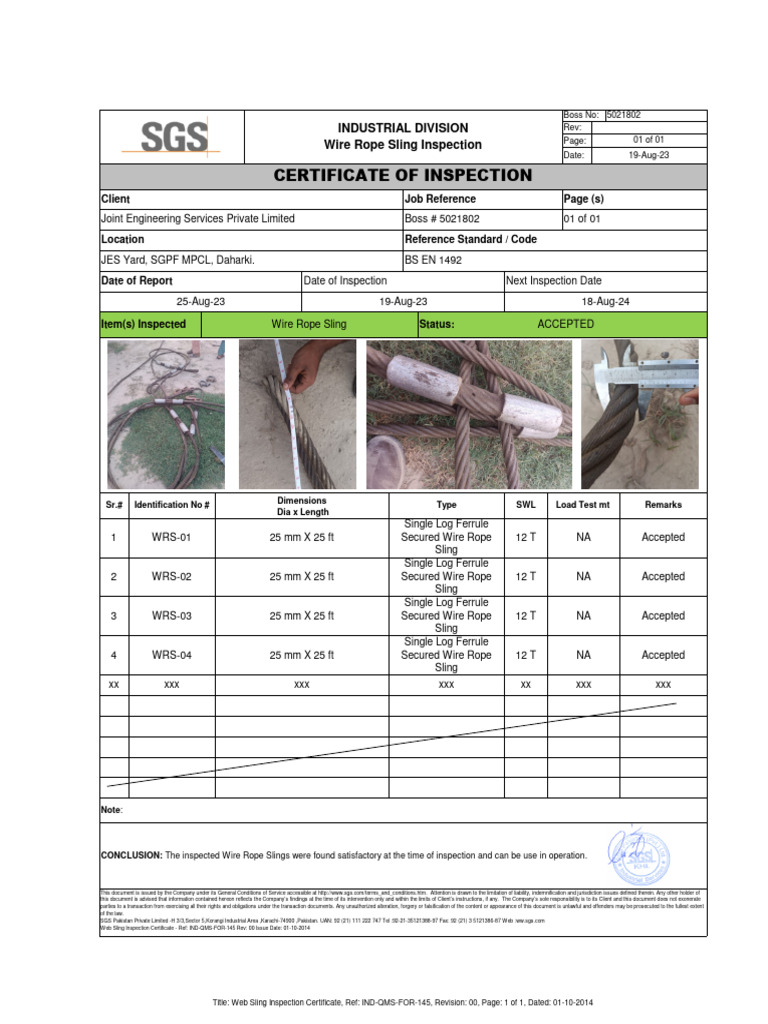 Wire Rope Sling Inspection Certificate | PDF
