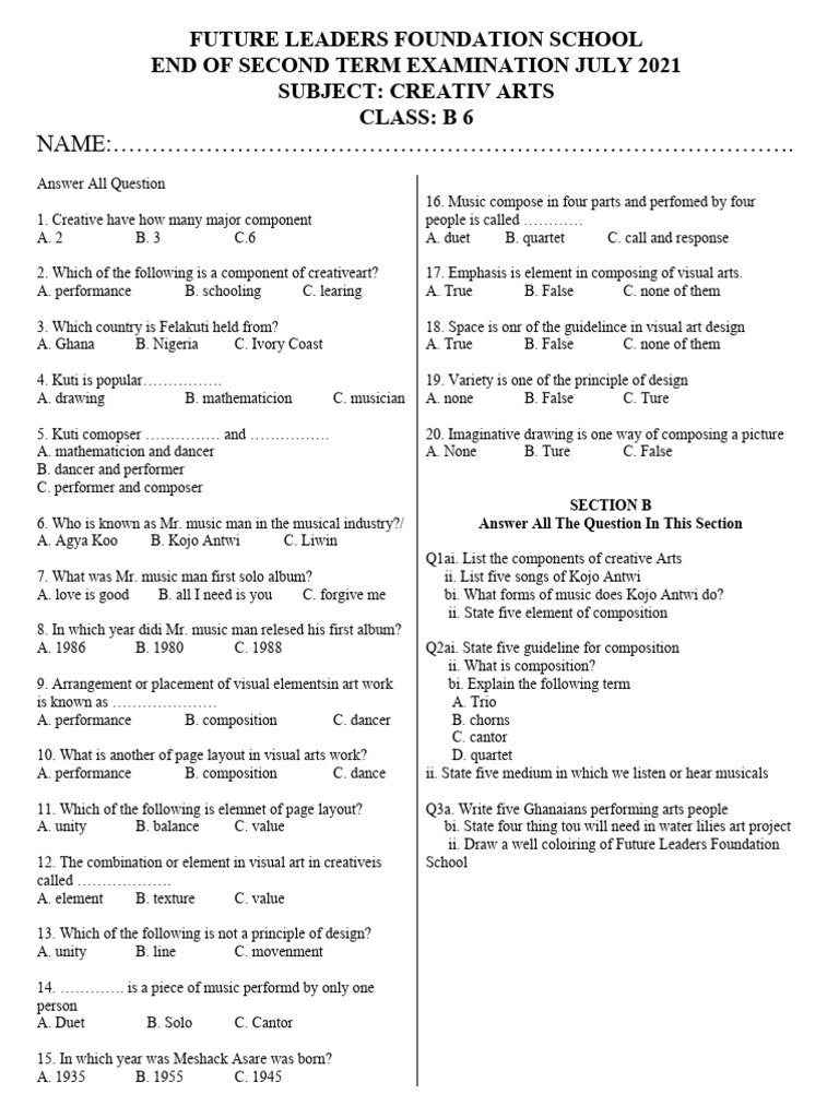 Creative Arts Exam Questions and Answers | PDF | Paintings | Drawing