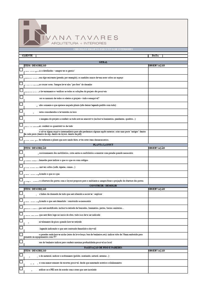 Checklist para Projeto Executivo de Interiores | PDF | Tinta | Ar ...