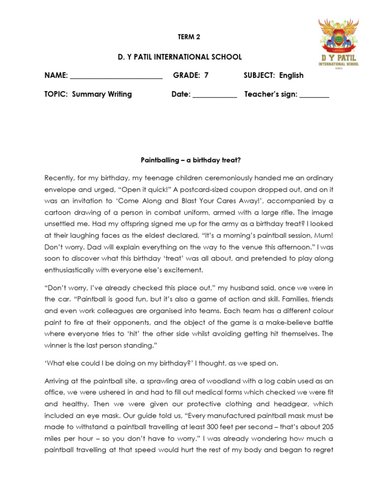 Grade 7 Summary Writing Exercise | PDF