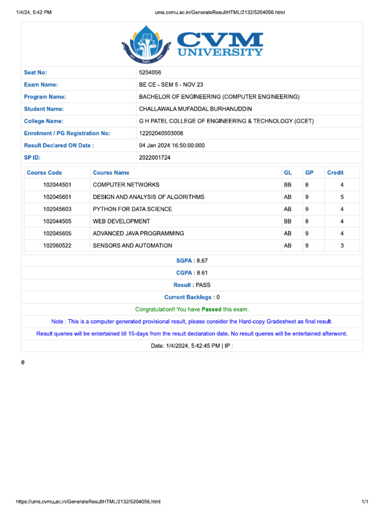 Mufaddal Sem 5 Result | PDF