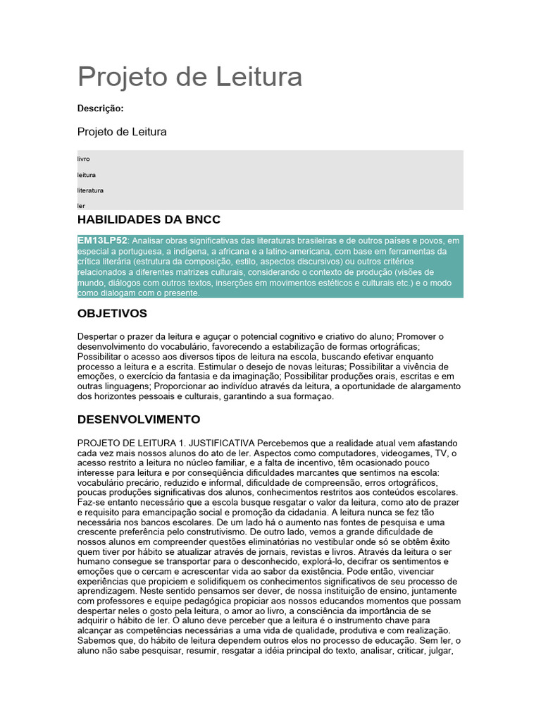 Projeto de Leitura | PDF | Pedagogia | Alfabetização