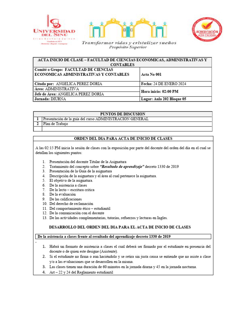 Acta Inicio de Clase 2024-1 Administracion General | PDF