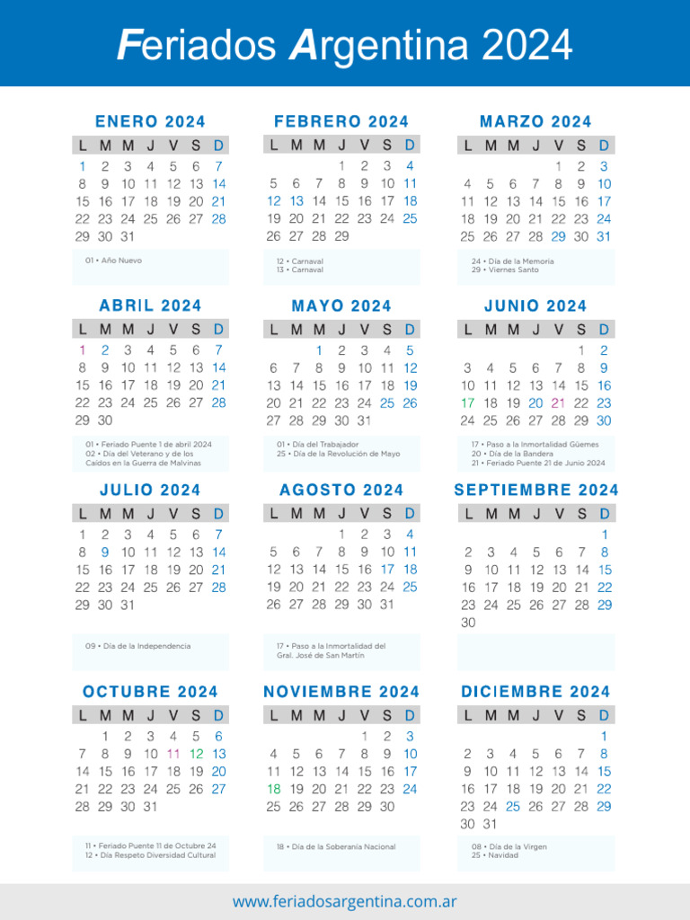 Calendario 2024 Feriados Argentina PDF