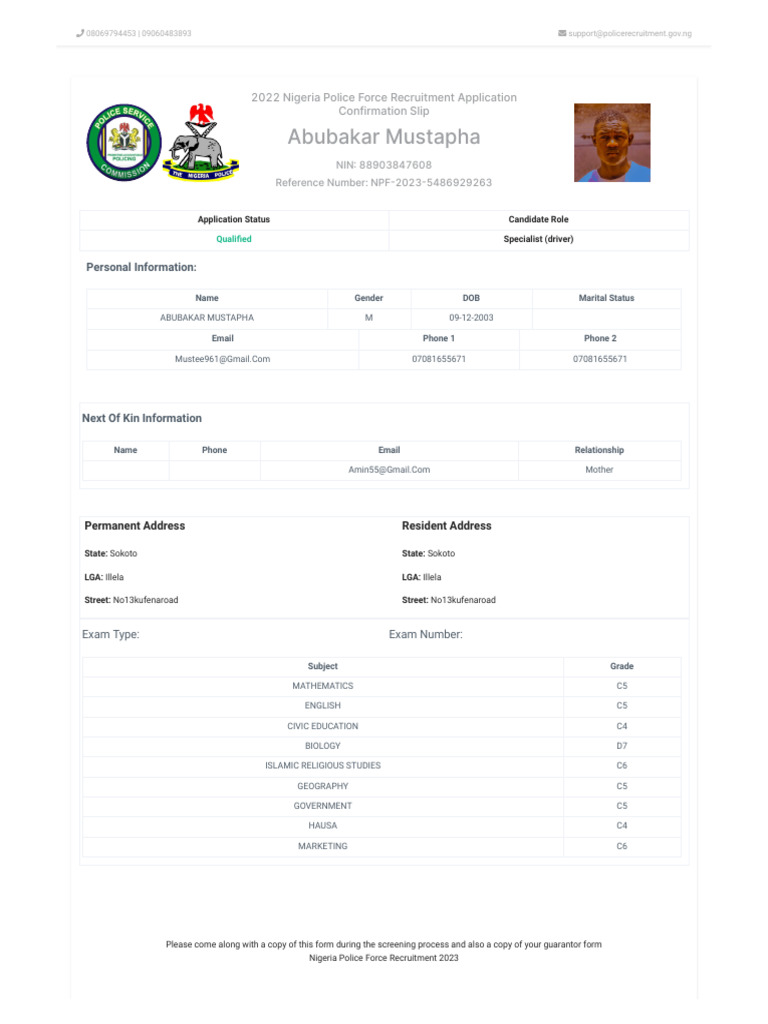 Nigeria Police Recruitment Confirmation Slip | PDF | Nigeria