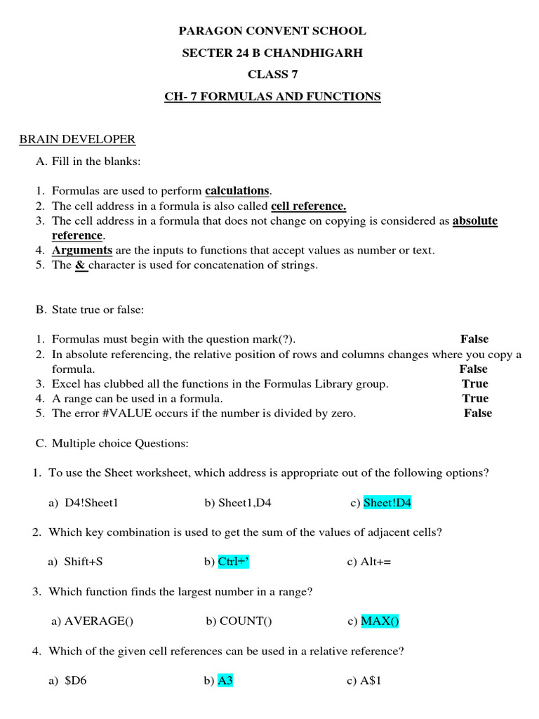 Class 7 Ch 7 Formulas And Functions Pdf Microsoft Excel Numbers