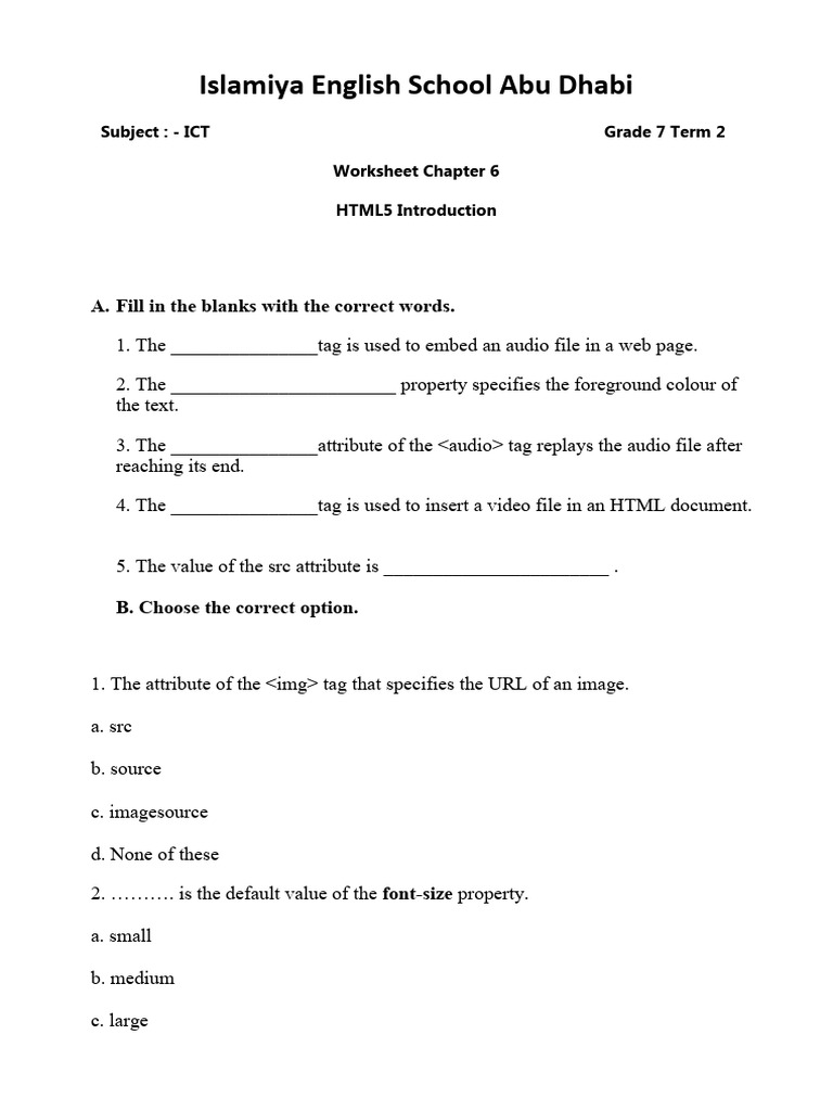 HTML5 Worksheet for Grade 7 ICT | PDF | Hyperlink | World Wide Web