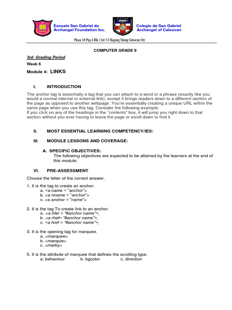 3rd COMP 9 MODULE 4 Week 6 | PDF | Hyperlink | Html Element