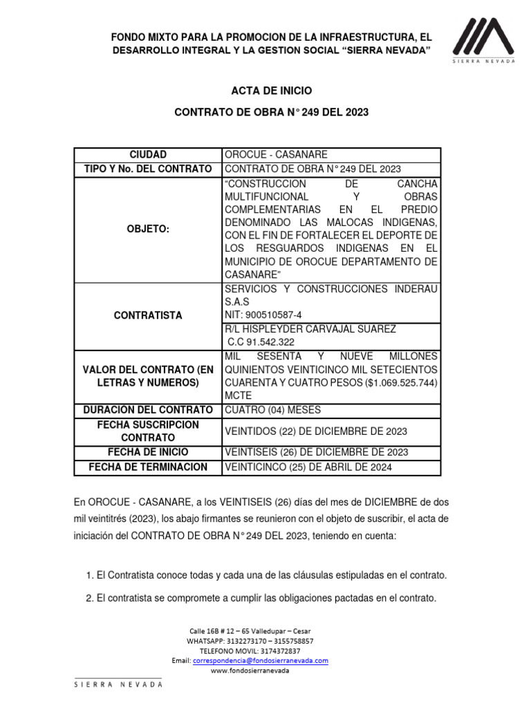 Acta de Inicio Contrato Obra 249 de 2023 Casanare | PDF