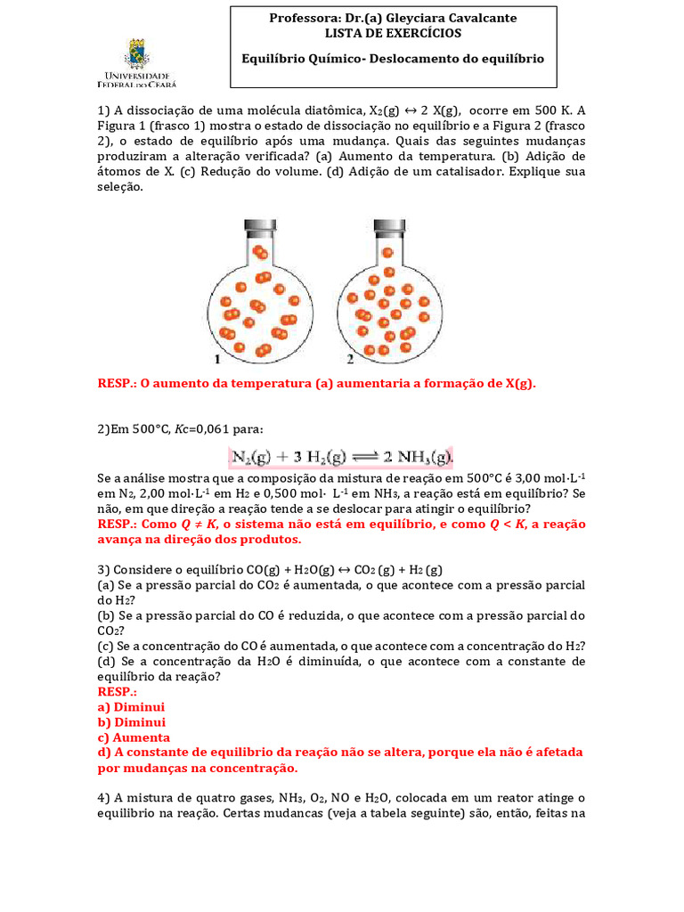 Exercícios sobre Deslocamento de Equilíbrio Químico | PDF | Equilíbrio ...