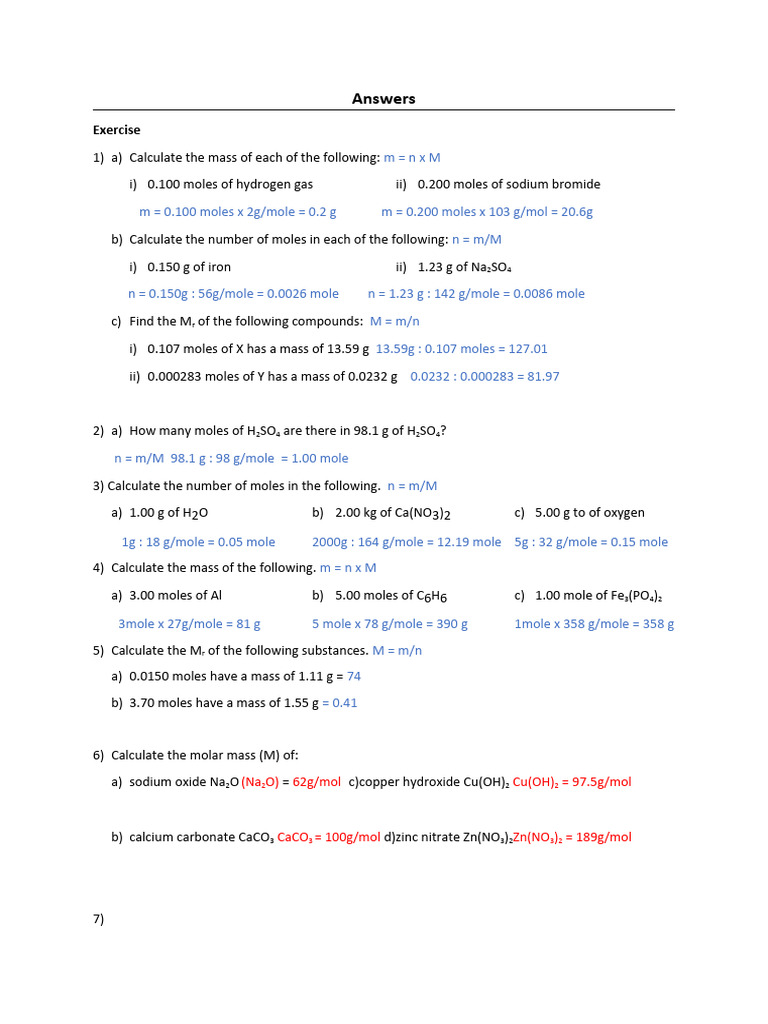 WS 2 Calculations Mol - Molar Mass - ANSW | PDF | Mole (Unit) | Hydroxide
