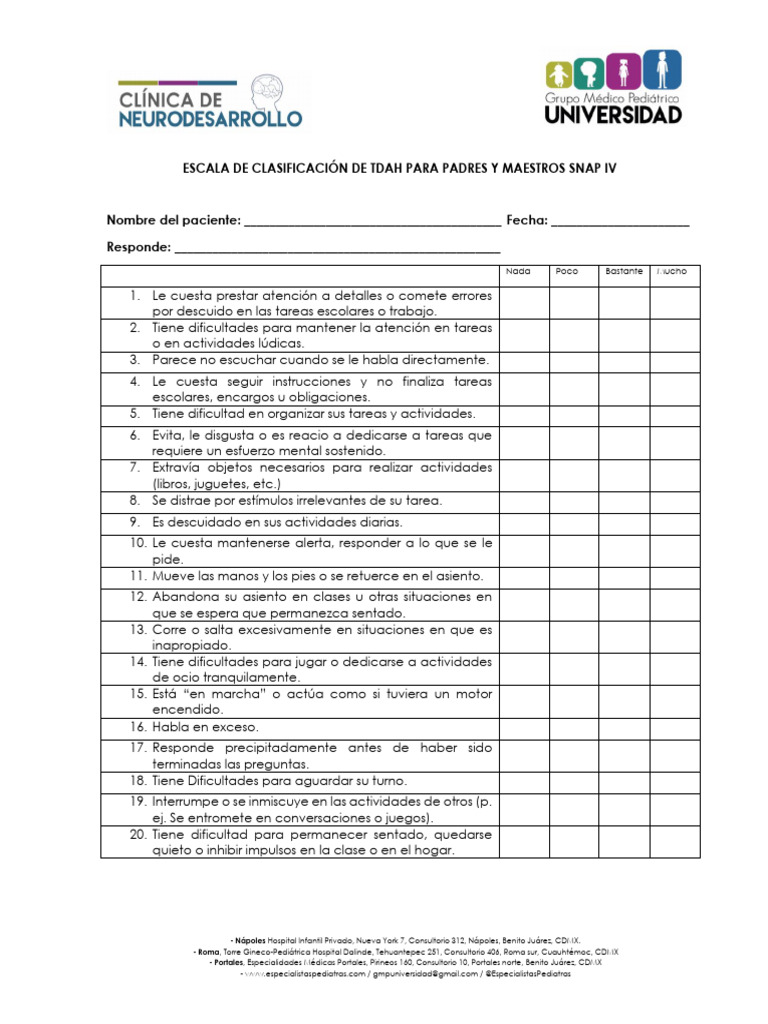 Escala SNAP IV para TDAH: Clasificación y Resultados | PDF