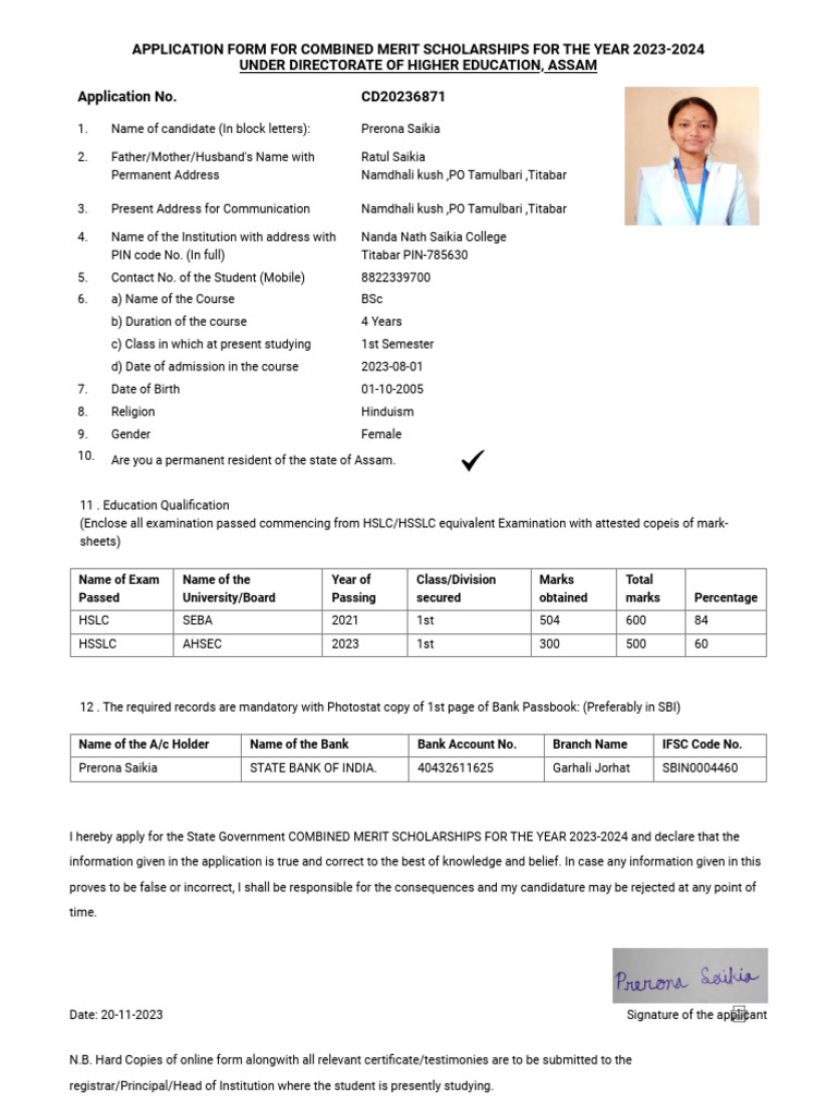 Scholarship Form - Directorate of Higher Education | PDF