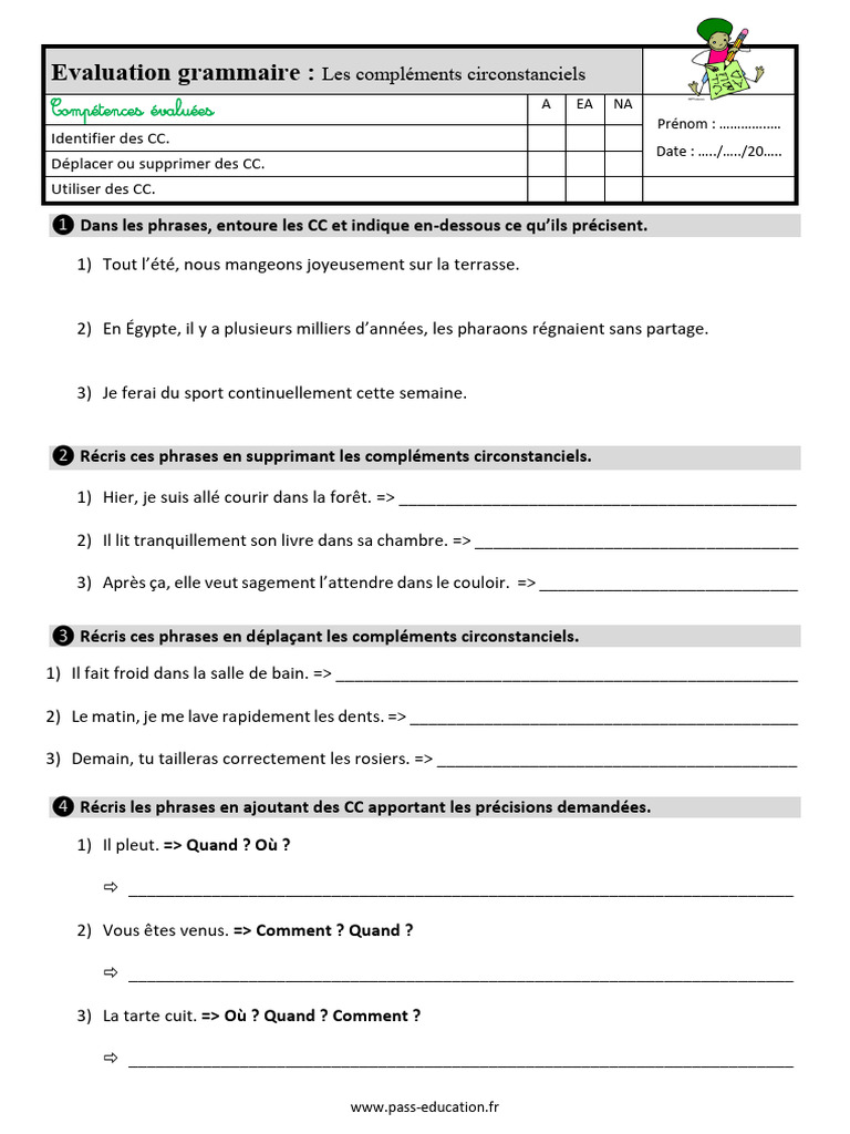 Les Compléments Circonstanciels Ce2 7 Evaluation CE2 Les Compléments Circonstanciels 2 | PDF