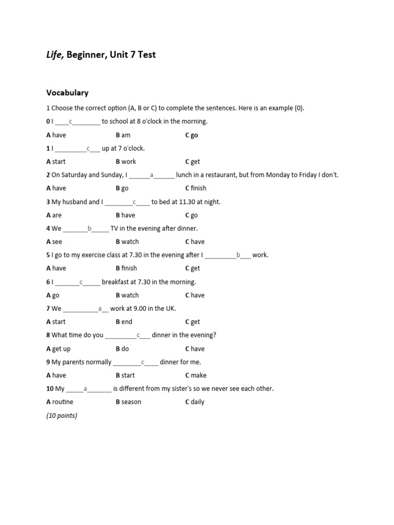 Beginner English Unit 7 Test | PDF | Language Arts & Discipline