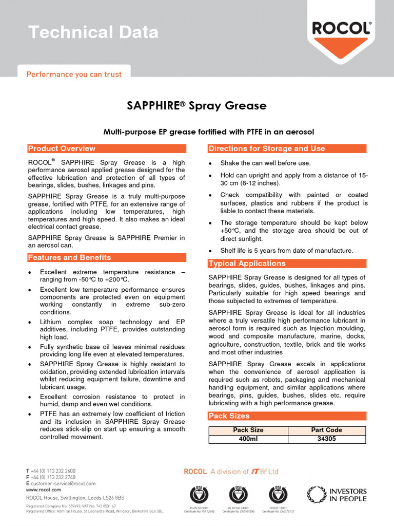 Sapphire Spray Grease - GB | PDF | Lubricant | Industrial Processes