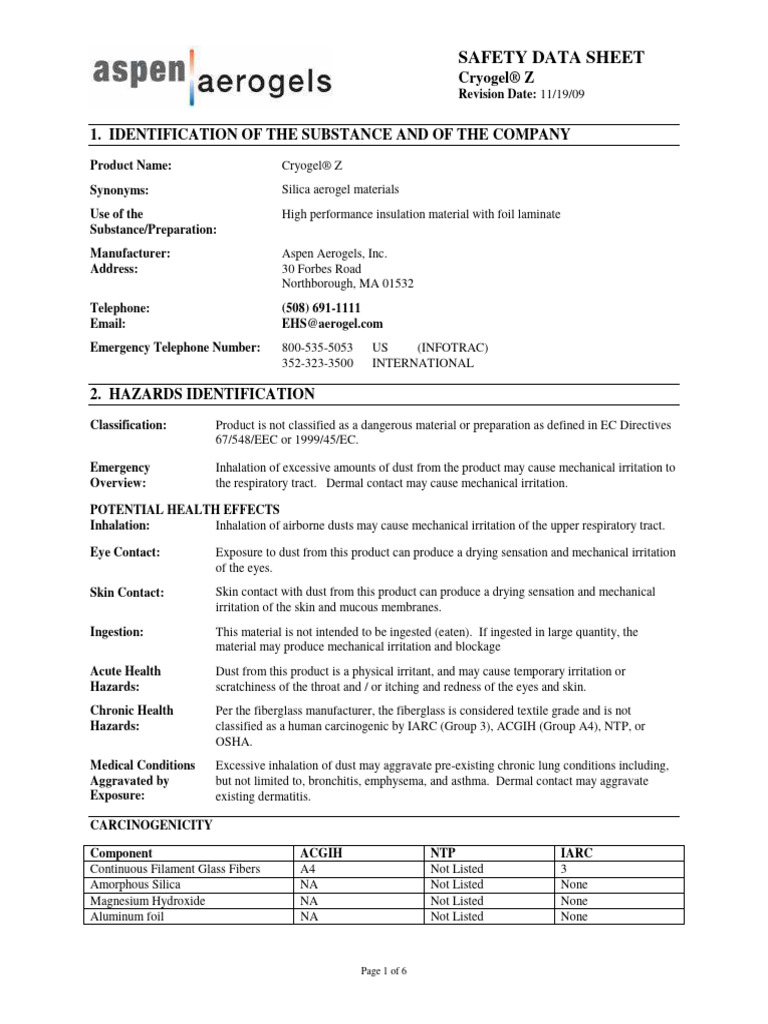 Safety Data Sheet Cryogel Z | PDF | Fiberglass | Silicon Dioxide