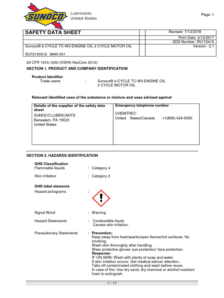 9993 - Sunoco 2-Cycle 12 - 1 QT | PDF | Toxicity | Dangerous Goods