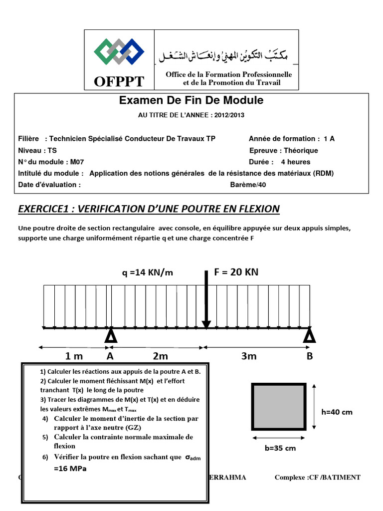 Examen RDM 1ère année OFPPT 2012/2013 | PDF | Flexion (matériau) | Flambage