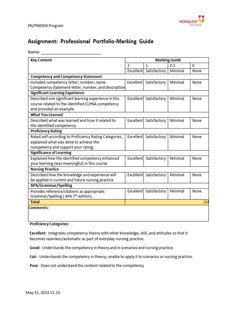 Nursing Portfolio Marking Guide | PDF