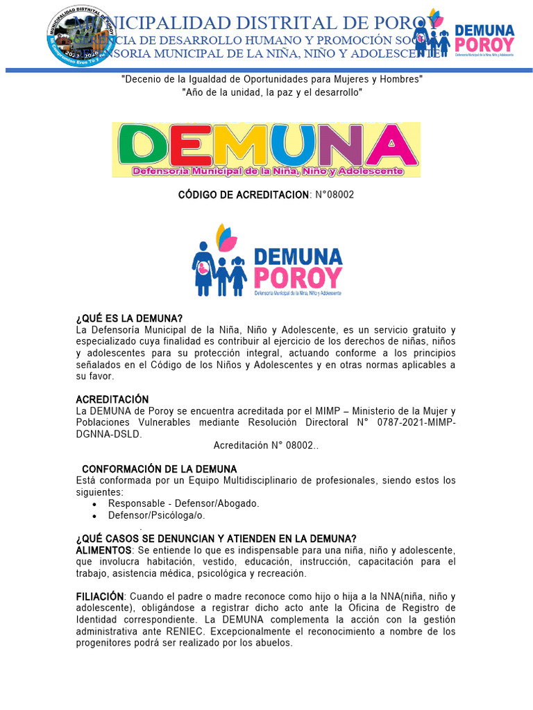 DEMUNA Poroy: Protección Infantil Integral | PDF | Derechos de los ...